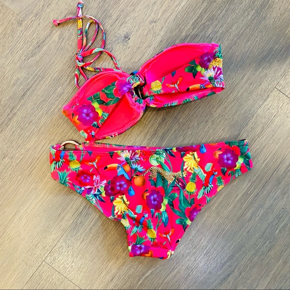 Hot Coral Pink Tropical Print 2 pc Bathing Suit 8 - Picture 11 of 14